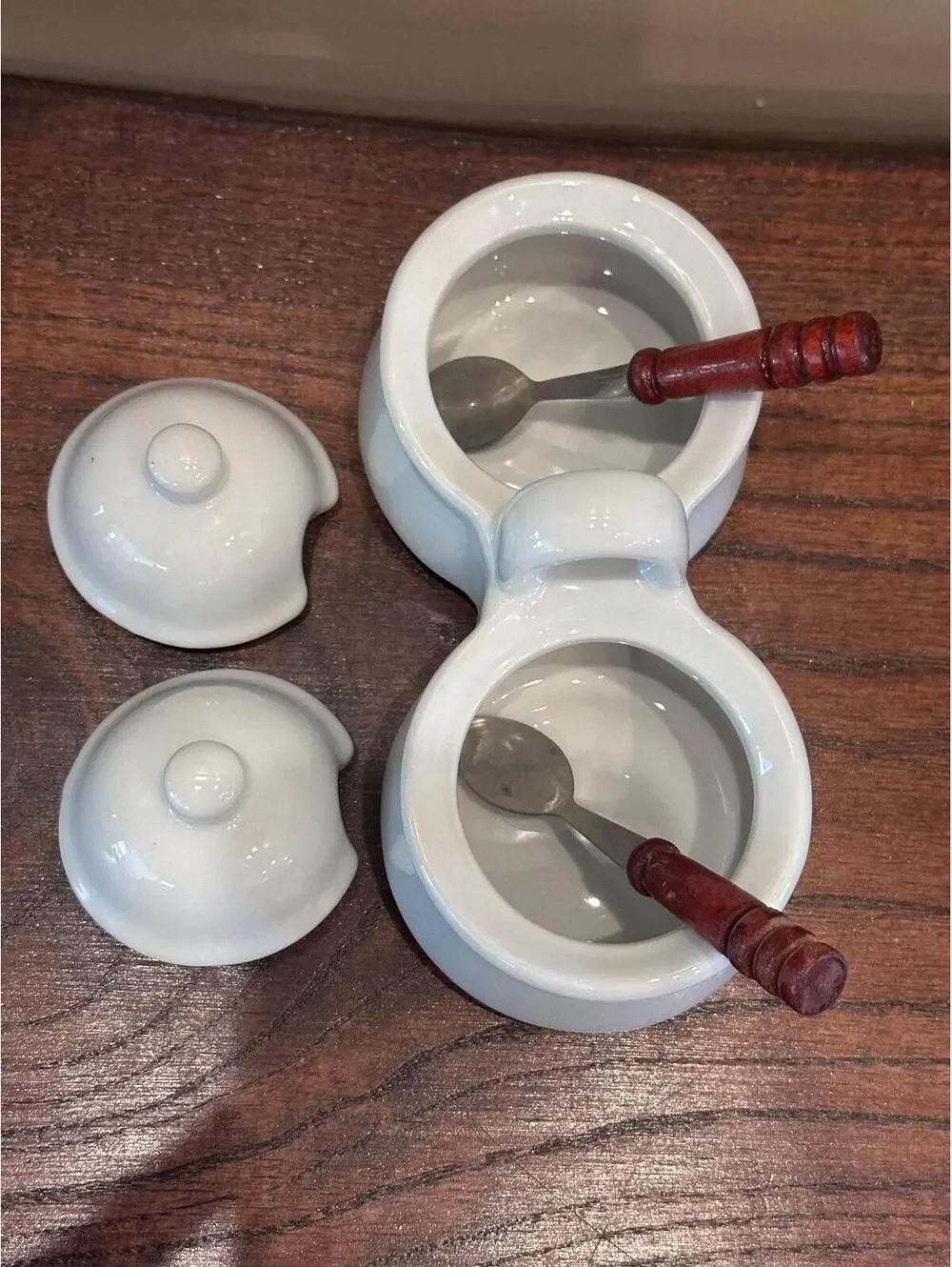 Ceramic Double Condiment Server With Wood Handled Spoons